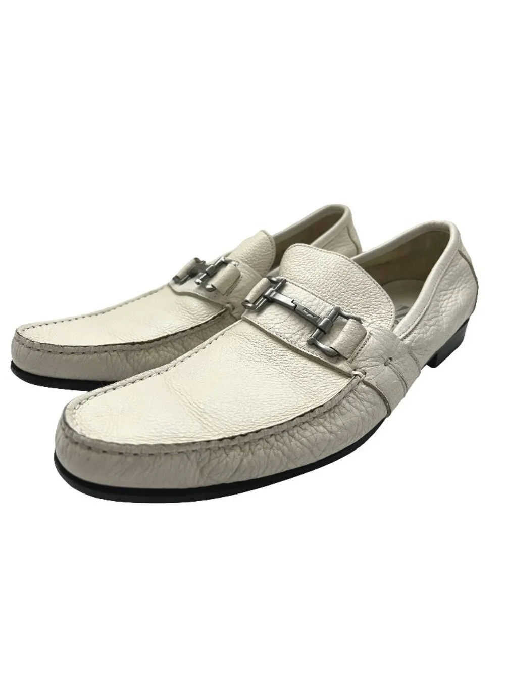 $1050 Salvatore Ferragamo White PHOENIX Shoes Gancini Silver Bit Loafers 9.5 D